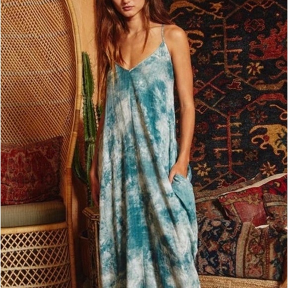 BUCKETLIST Blue Green Tie Dye Pocket Maxi Dress - Picture 3 of 5